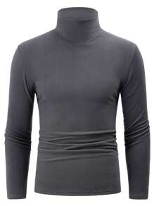 男士双面羊毛高领长袖 T 恤，秋冬季，保暖，休闲套头运动衫上衣 - 灰色 - 查看 2