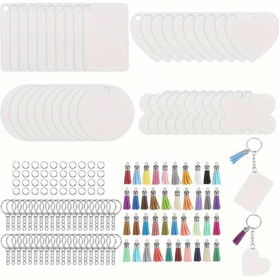 80pcs Blank Key Chain Set, 4 Shapes Include Rectangle, Heart, Round, Bone, With Key Ring, Leather Tassel, DIY Craft