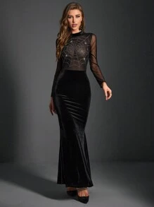 Women's Gothic Sexy Vintage Dark Spider Web Rhinestone Mesh Contrast Fishtail Gown Dress - Black - View 1