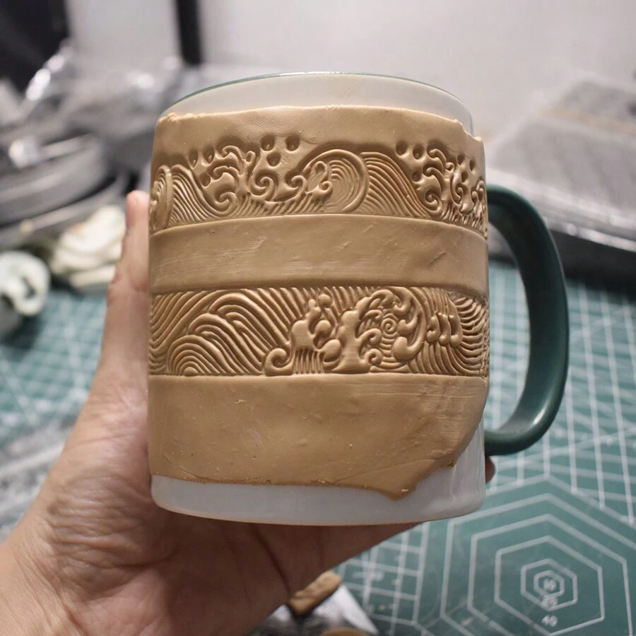 1 片聚合物粘土印章片中国元素波浪图案纹理浮雕聚合物粘土珠宝耳环印章 DIY 制作工具