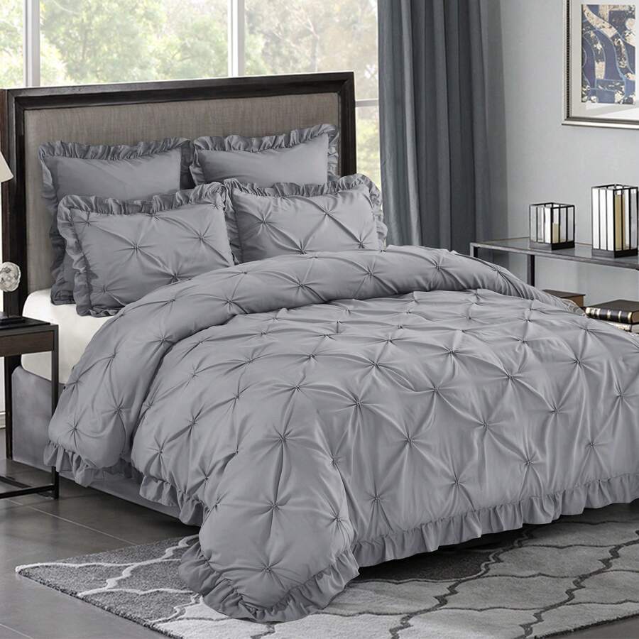 5 Piece Romantic Princess Pintuck Comforter Set - 100% Brushed Microfiber Bedding Set With Ruffle Design - All Season Use Bed In A Bag - 灰色 - 查看 1