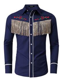 Camisa vaquera de manga larga con flecos para hombre - Azul Marino - Ver 2
