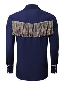 Camisa vaquera de manga larga con flecos para hombre - Azul Marino - Ver 4