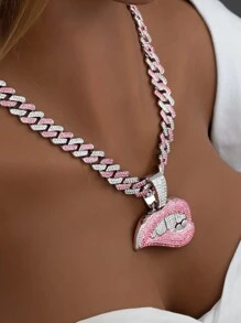 1pc Women's Pink & White Rhinestone Lip Shaped Pendant Necklace, Punk & Hip Hop Style, Jewelry Gift & Party Wear