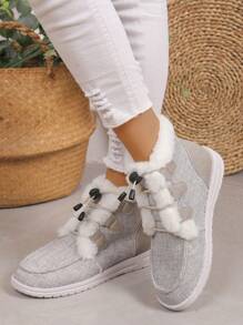 Comfortable Winter Warm Shoes - Plush Lining, Warm, Round Toe, Drawstring Easy On/Off Design, Suitable For Cold Weather Comfortable Outdoor Walking Shoes, Women Winter Warm Thermal Lined Short Boots - Grey Plus Cotton - View 5