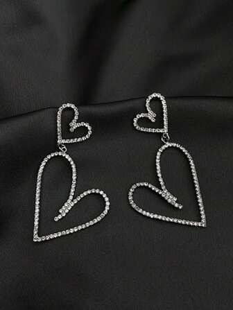 1pc Women's Fashion Luxurious Personalized Exaggerated Minimalist Style Asymmetric Crystal Double Heart Dangle Earrings, Suitable For Daily Wear