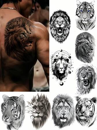 9 张逼真老虎狮子临时纹身持久防水黑色假动物纹身贴纸适用于男士女士成人身体艺术手臂胸部肩膀