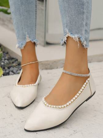 New Simple Sweet High Toe Pearl Accent Women Flats. Versatile Fashionable Elegant Soft Casual Shoes