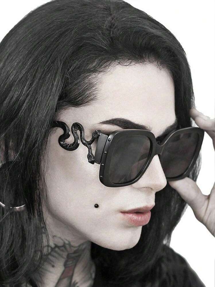 1pc Double Headed Snake British Retro Oversized Square Metal Fashion Glasses Dark Gothic Style Retro Personalized Fashion Men's And Women's Glasses Halloween Christmas Decoration Beach Accessories For Women Glasses Shades Beach Accessories For Women Glasses Shades - 彩色 - 查看 7