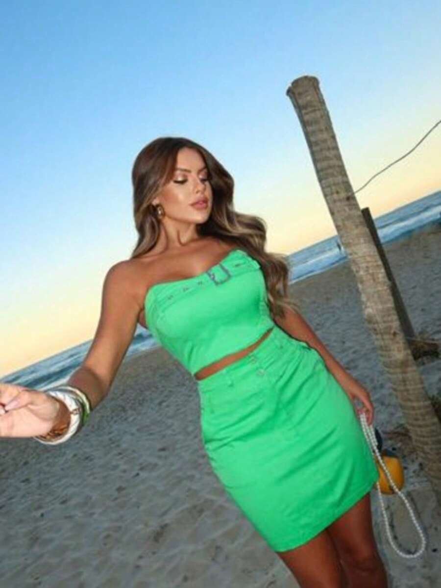 Malibu Set First-Line Tailoring With A Super Soft Touch, Including A Corset With Belt Detail And A Skirt With Button And Zipper Details - Màu xanh Bạc hà - Xem 1