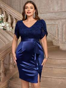 Đầm dự tiệc cocktail bó sát bodycon cổ chữ V tay cánh hoa ren satin xếp nếp xẻ tà - Màu xanh hải quân - Xem 3