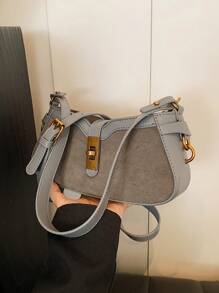 时尚拼色拼布手提包，女士迷你方形单肩包，百搭通勤必备 - 灰色 - 查看 4