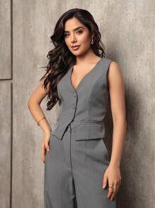 ANLE MODAS Women's Set Vest With Tailored Trousers Chic Social Printed Striped - Grey - View 3