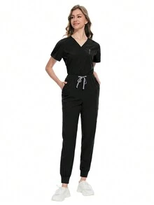 Scrubs Women Beauty SPA Uniform Pet Clinic Store Veterinary Dentistry Work Clothes Set Nurse Scrubs Set Soft Hospital Uniform - Black - View 6