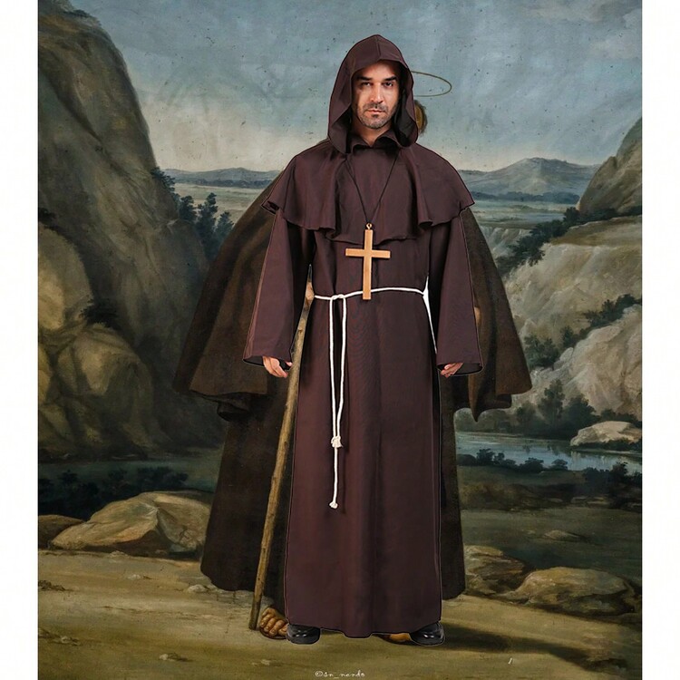 Minister Costume Adult Men Medieval Hooded Priest Robe Costume For Costumes - Coffee Brown - View 3
