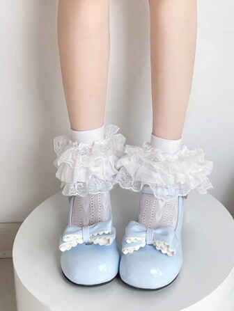 1 Pair Of Women's Cute Lace Ruffle And Bow Design Three-Layer Socks, Japanese Style Valentine's Day Valentines