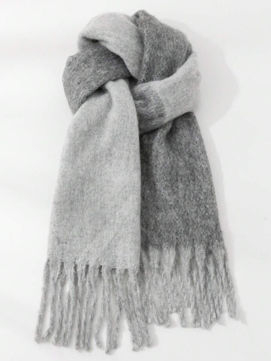 1pc Plain Elegant Polyester Scarf With Contrast Fringe, Suitable For Winter - Grey - View 1