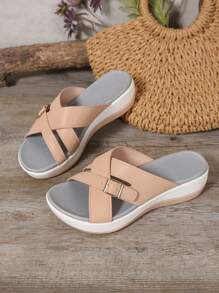 Women's Platform Criss-Cross Slide Sandals, Comfortable Cushioned, New Casual Summer Outdoor Waterproof Wedge Beach Slippers With Adjustable Button