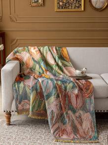 1pc Multipurpose Throw Blanket/Sofa Cover/Nap Blanket/Wall Hanging, With Tasseled Edges, Vintage Oil Painting Style, Suitable For Bedroom, Sofa, Office, Home Decor