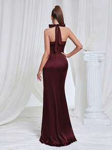 Vintage Elegant High Collar Halter Satin Slit Fishtail Evening Dress Wedding Party - Burgundy - View 4