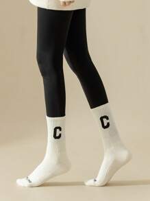 1/2/3/4/5/6 双装 女士米色字母图案加厚舒适中筒袜 - 米色 - 查看 5