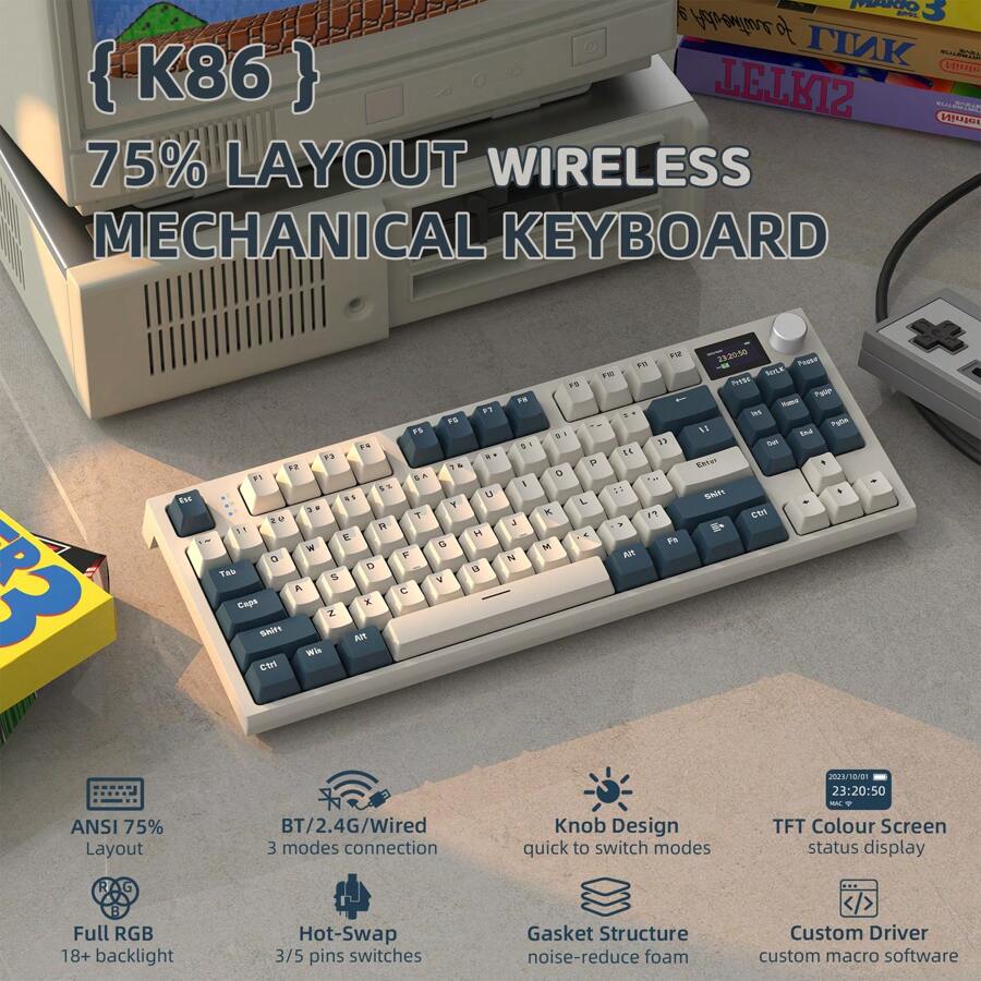 Bàn phím cơ không dây ATTACK SHARK RK86 RGB 75%, chế độ ba Blue Bud 5.0/2.4G/USB-C 82 phím có thể thay nóng Bàn phím chơi game Nút pin 4000 MAH & Màn hình OLED HD 1,2'', Công tắc tuyến tính tùy chỉnh