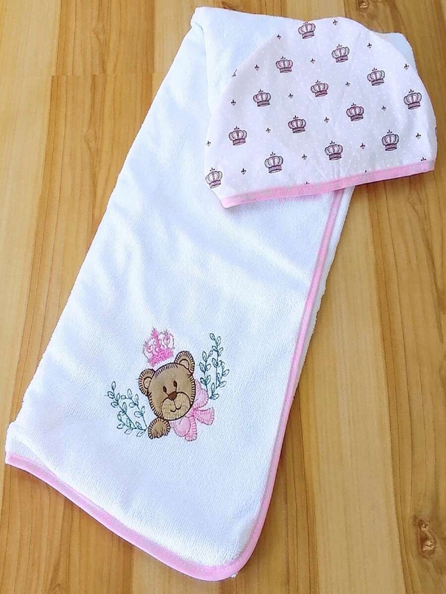 Toalha Capuz Banho do Bebê Felpuda e Forrada Tecido de Algodão Bordada
