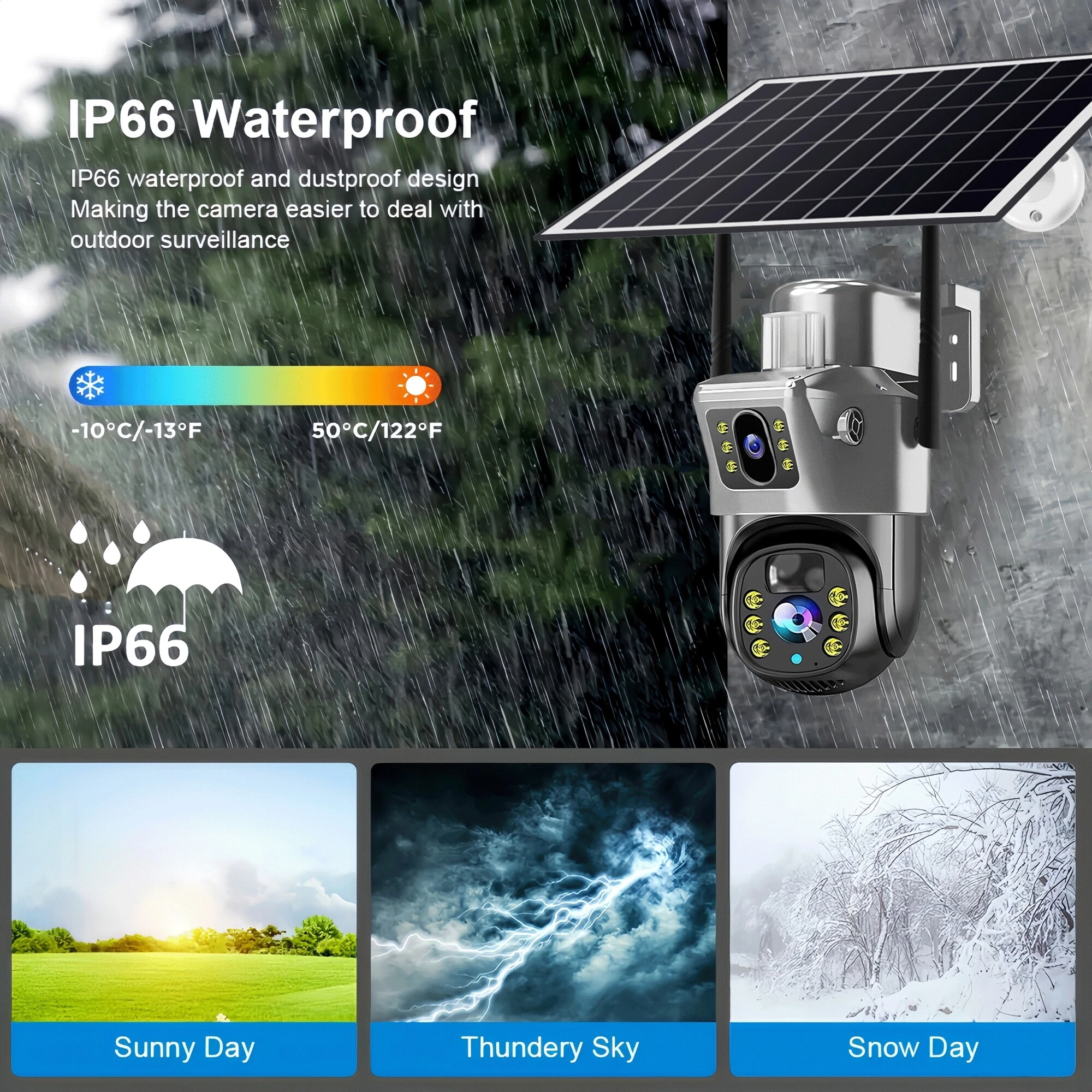 WIFI Solar Camera Dual Lens Buiten 8MP 4K Laagvermogen Batterij IP