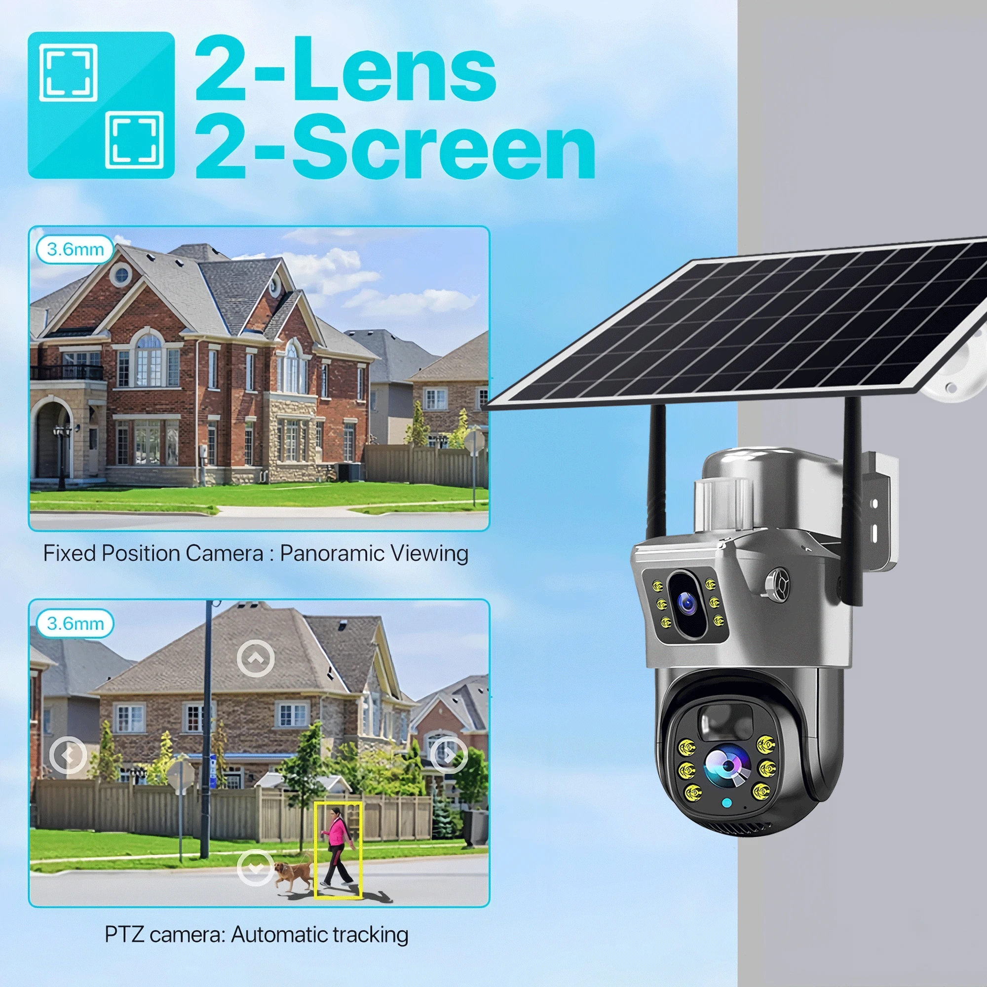SWVW WIFI Solar Camera Dual Lens Outdoor 8MP 4K 10X Zoom Low Power