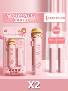 1 Set New Cute Cartoon Push Eraser (With 2 Refills), Push And Pull Debris-Free Eraser, Clean, Students Specifically Designed Eraser, No Traces After Erasing, Creatively Designed Cartoon Appearance, Suitable For Kindergarten, Elementary School Students From 1st To 3rd Grade