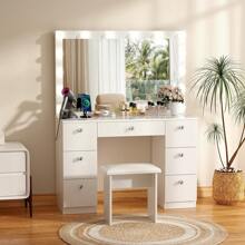 VOWNER 44" Vanity Desk Set With Power Outlet, Makeup Vanity Table With 14 Bulbs Mirror 3 Color & Brightness Adjustable 7 Drawers For Storage, For Girls Women, Halloween & Thanksgiving - 白色大理石 - 查看 8
