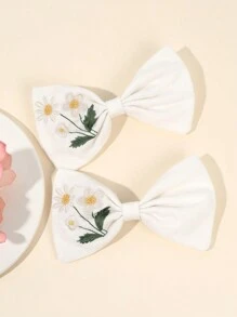 2 PIEZAS Horquillas con lazo floral blanco bordado para niñas, pasadores de pelo con bordado de margaritas como accesorio de pelo para niños