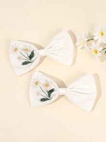 2 PIEZAS Horquillas con lazo floral blanco bordado para niñas, pasadores de pelo con bordado de margaritas como accesorio de pelo para niños