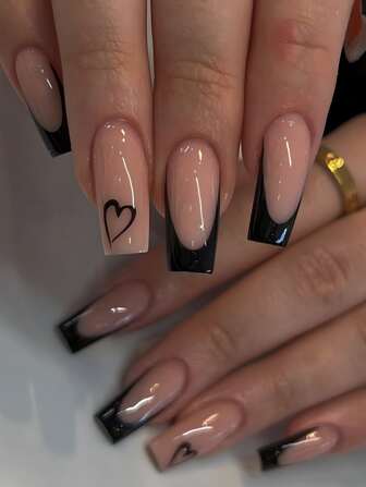 24pcs French Medium Square Shape Press On Nails Kit Black ,Matched With Black Playful Hearts Fit Perfectly Fake Nails KitFull Cover False Nails,Includes 1sheet Adhesive Tabs & 1pc Mini File,For Daily Dating Office Home Party,Women Jewelry Accessories False Nail Tips 1 File Strip Jelly Gel