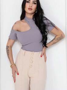 Ribbed Bodysuit With Side Opening - Xám - Xem 2