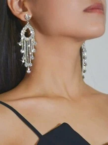 時尚誇張發亮爪鏈條水鑽菱形懸垂耳環耳朵裝飾 - 銀色 - 查看 3