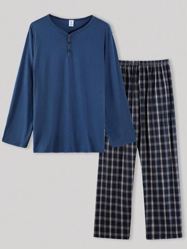 Men's Crew Neck Partial Button Solid Color Long Sleeve Plaid Print Pajama Set