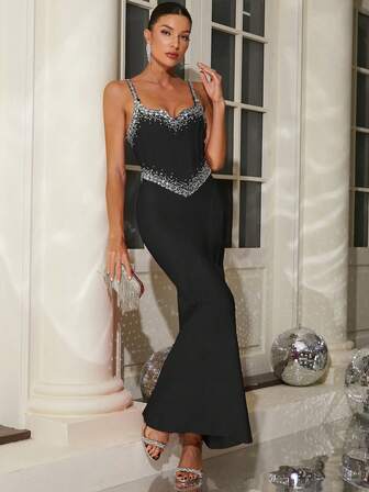  Girsdy黑色修身水钻装饰绷带紧身吊带连衣裙，优雅晚礼服，适合正式场合、婚礼、派对