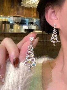 1 Paar bunte, quastenartige Weihnachtsbaum Ohrringe für Damen, Cut Out, lange Ohrringe mit Strass, Weihnachten Schmuckzubehör - Silber - Übersicht 3