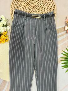Women's Tailored Striped Pants With Belt And Casual Bag - 深灰色 - 查看 2