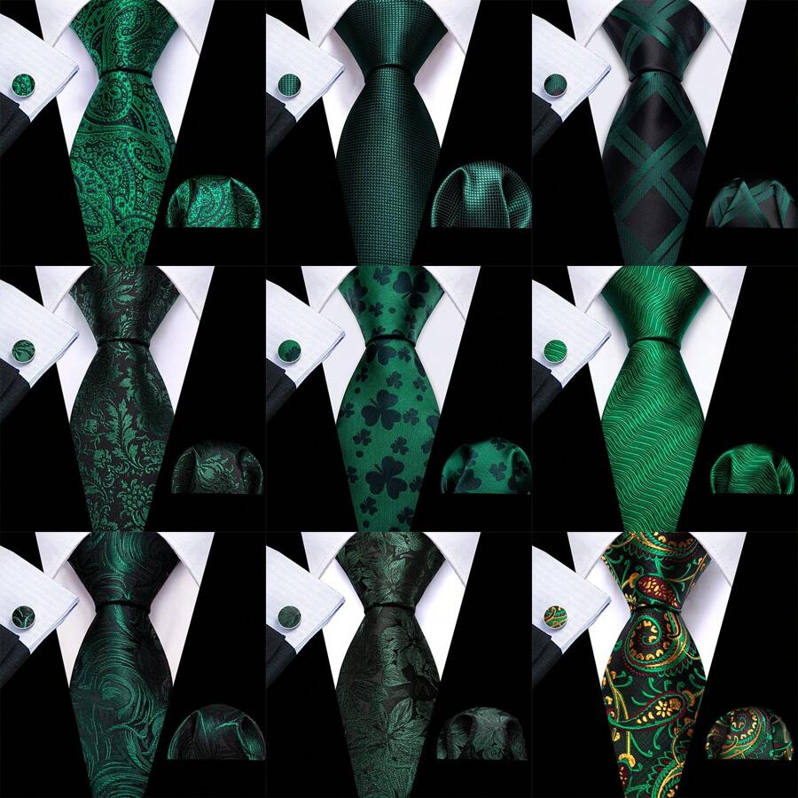 Set de 3 corbatas de hombre con pañuelo a juego en colores sólidos dorado, verde y rojo, así como estampados florales y de rayas, para negocios - Multicolor - Ver 1