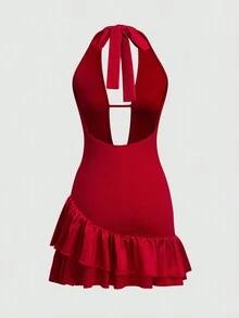 Women's Halter Neck Backless Red Lace-Up Ruffle Hem Mini Dress Party Summer Elegant - Red - View 3