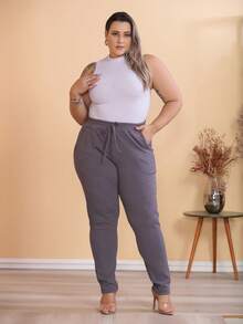 Women's Plus Size Pants M Ate G3, Seersucker Fabric, Elastic Waist, Fashion Model - 灰色 - 查看 6