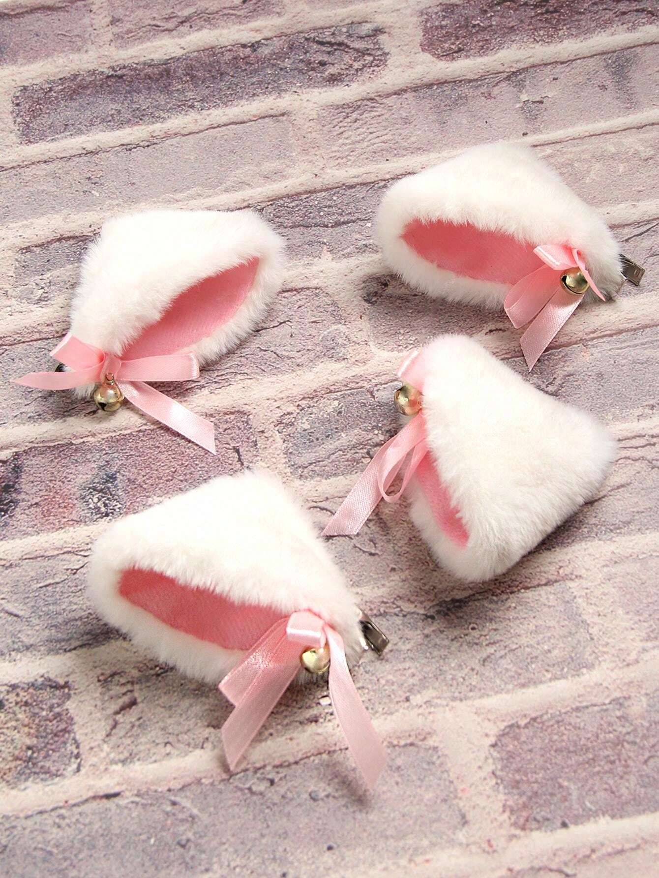 4pcs/Set Bell Cat Ear Faux Fur Hair Clips, Cat Ear Hair Accessories
