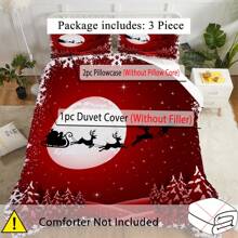 3 件套圣诞主题羽绒被套装（1 * 羽绒被套 + 2 * 枕套，不含芯）- 拉链闭合，带有圣诞老人、驯鹿和雪松树设计，四季皆宜，柔软、透气、防过敏，适合卧室的冬季主题节日装饰礼物 - 紅色 - 查看 6