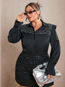 Sollinarry Plus Sequin Detail Button Front Shirt - Black - View 4