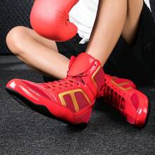 TACHUAN 1 par de sapatos de luta livre profissional para homens e mulheres, sapatos de boxe de combate de cano alto para treinamento em artes marciais, MMA, Muay Thai, Fitness Kickboxing - Vermelho - Ver 3
