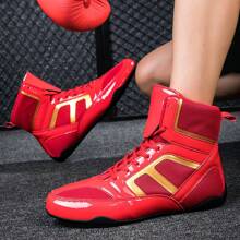 TACHUAN 1 par de sapatos de luta livre profissional para homens e mulheres, sapatos de boxe de combate de cano alto para treinamento em artes marciais, MMA, Muay Thai, Fitness Kickboxing - Vermelho - Ver 2