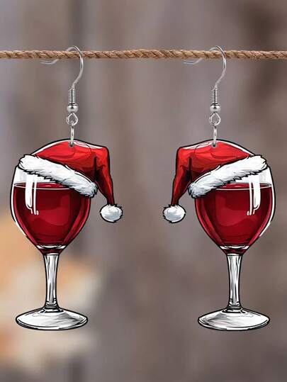 一对酒杯吊坠耳环，可爱圣诞帽装饰耳环，女士圣诞派对配饰