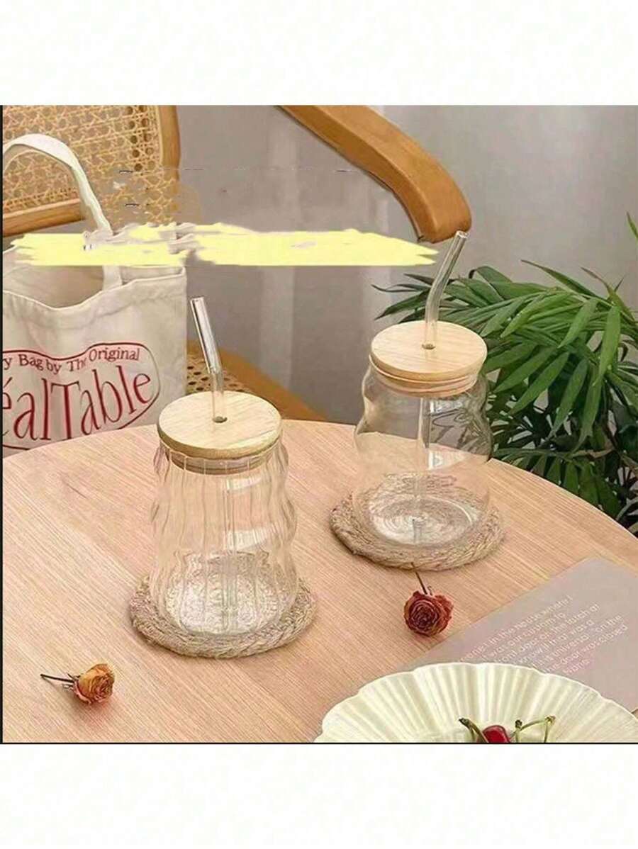 1 pieza Taza de café de vidrio de 530ml con pajilla, apta para uso doméstico, apta para mujeres, taza para bebidas y leche de té, útiles escolares